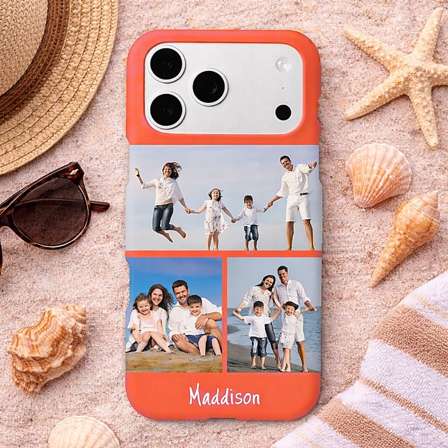 Modern Monogram 3 Photo Collage Persimmon Orange  iPhone Case (Creator Uploaded)