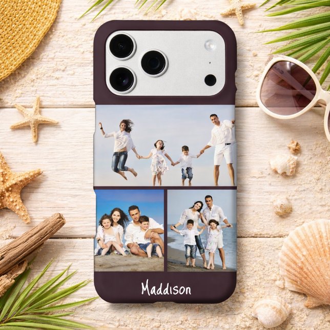 Modern Monogram 3 Photo Collage Plum Purple iPhone Case (Creator Uploaded)