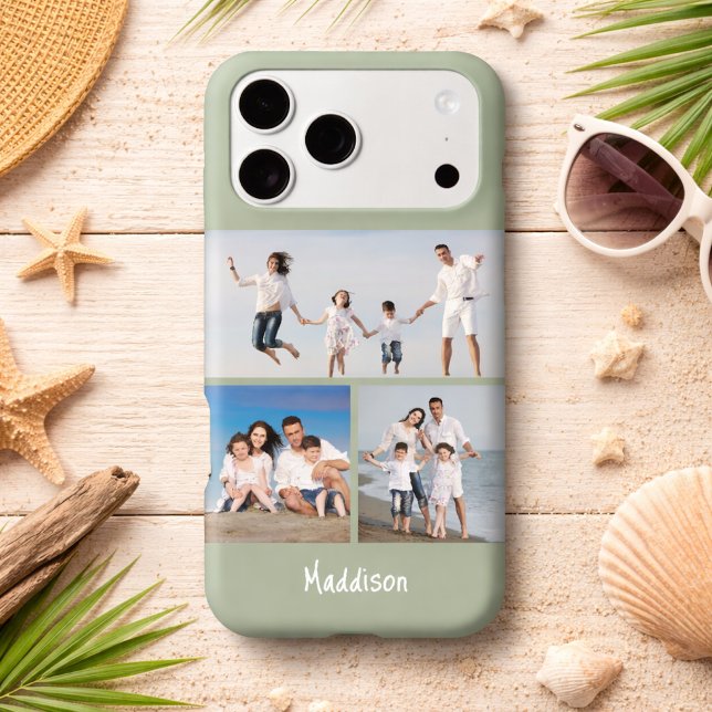 Modern Monogram 3 Photo Collage Sage Green iPhone Case (Creator Uploaded)