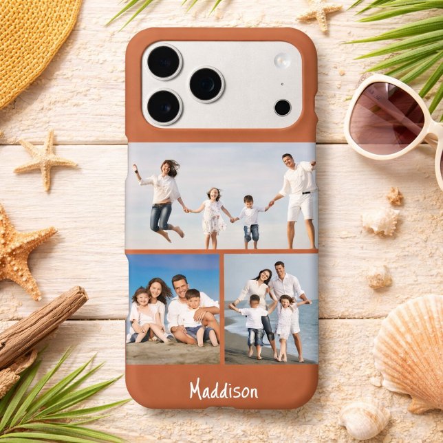 Modern Monogram 3 Photo Collage Terracotta iPhone Case (Creator Uploaded)