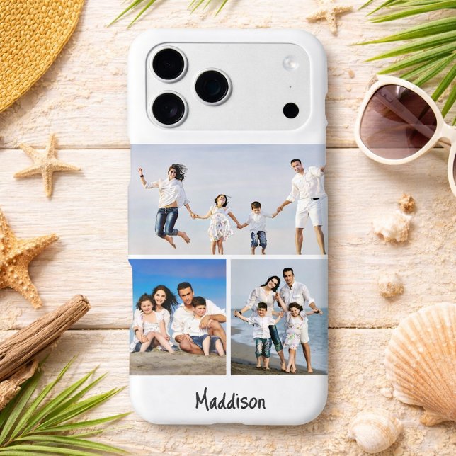 Modern Monogram 3 Photo Collage White iPhone Case (Creator Uploaded)
