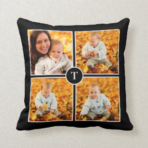 Modern Monogram 4 Photo Collage Black Throw Pillow