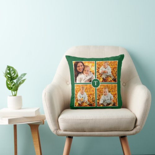 Modern Monogram 4 Photo Collage Green Throw Pillow