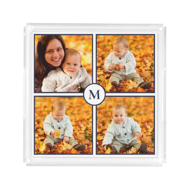Modern Monogram 4 Photo Collage Navy Blue Border Acrylic Tray (Front)