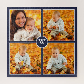 Modern Monogram 4 Photo Collage on Navy Blue Jigsaw Puzzle