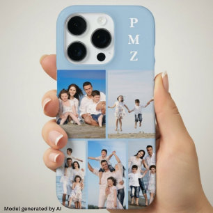 Modern Monogram 5 Photo Collage Baby Blue iPhone 16 Pro Case