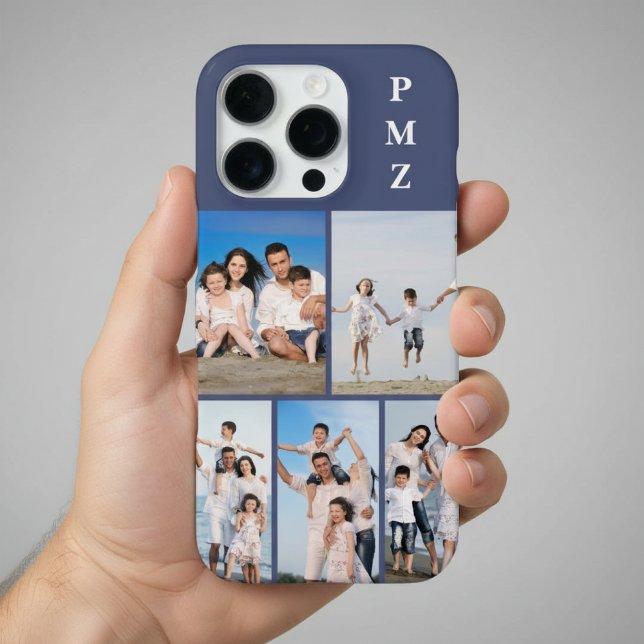 Modern Monogram 5 Photo Collage Dusk Blue iPhone Case (Creator Uploaded)