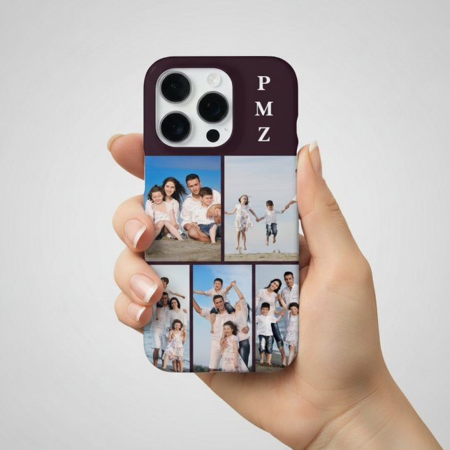 Modern Monogram 5 Photo Collage Plum Purple iPhone Case (Creator Uploaded)