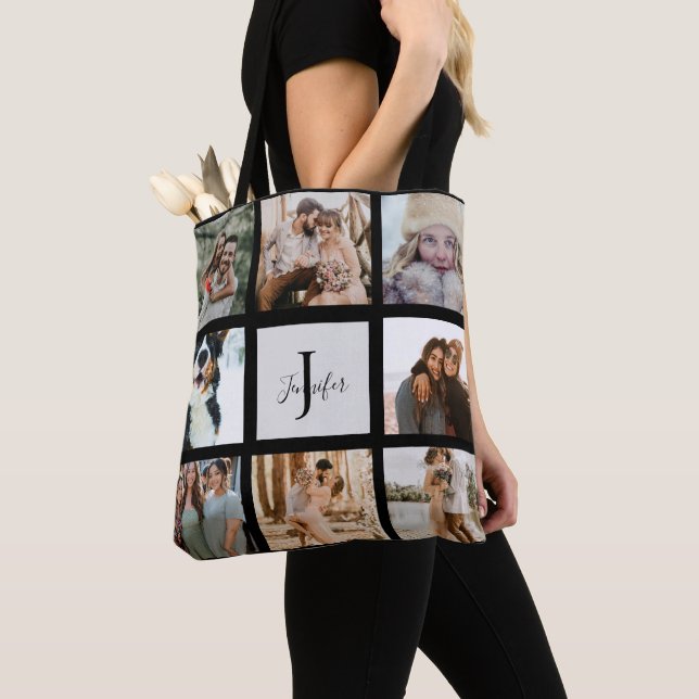 Modern Monogram 8 Photo Collage Custom Name Tote Bag (Close Up)