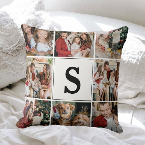 Modern Monogram 9 Family Photo Collage Throw Pillow