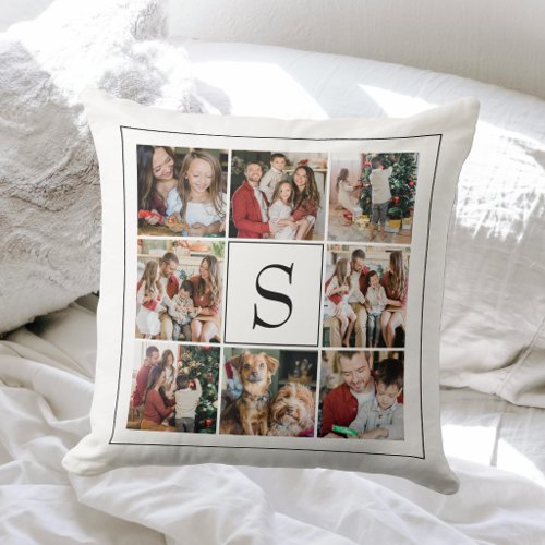 Modern Monogram 9 Family Photo Collage Throw Pillow