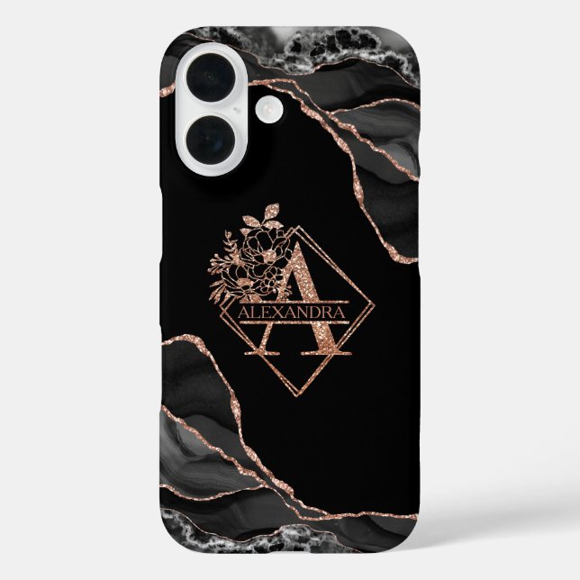 Modern Monogram A Black Agate Marble Rose Gold  Case-Mate iPhone Case (Back)