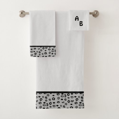 Modern Monogram and Leopard Pattern on Silver Gray Bath Towel Set