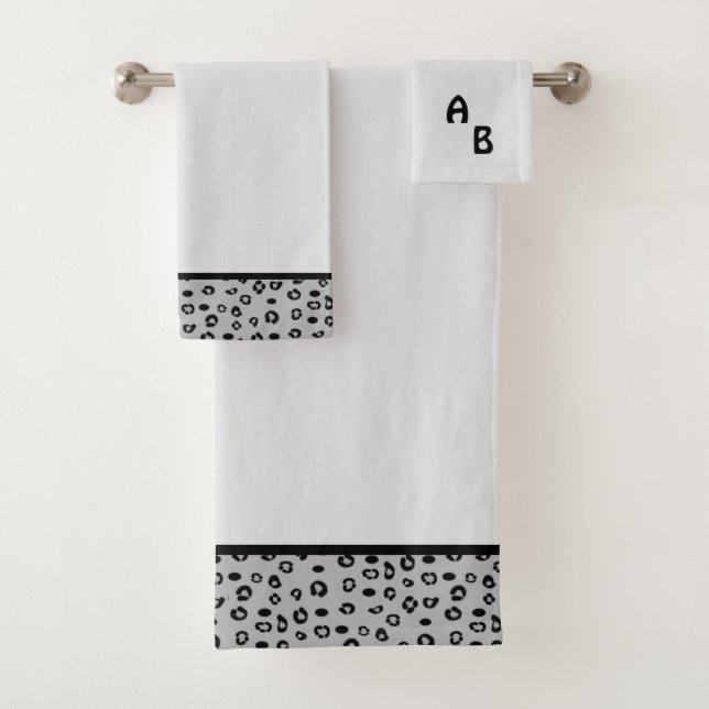 Modern Monogram and Leopard Pattern on Silver Gray Bath Towel Set (Insitu)