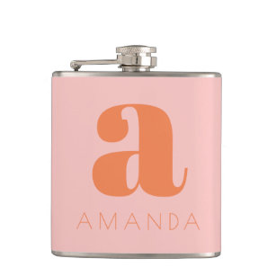 Modern Monogram and Name Pink and Orange Wedding  Flask