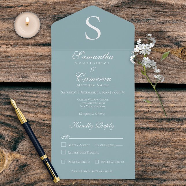 Modern Monogram Aqua Blue Dinner All In One Invitation (Creator Uploaded)