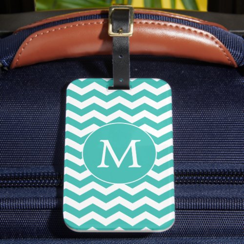 Modern Monogram Aqua Chevron Stripes Pattern Luggage Tag