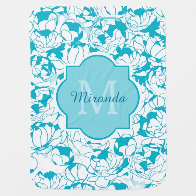 Modern Monogram Aqua Turquoise Floral and Name Swaddle Blanket (Front)