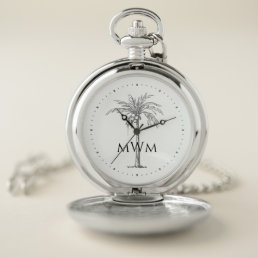 Modern Monogram Artistic Silver Palm Tree Tropical Pocket Watch