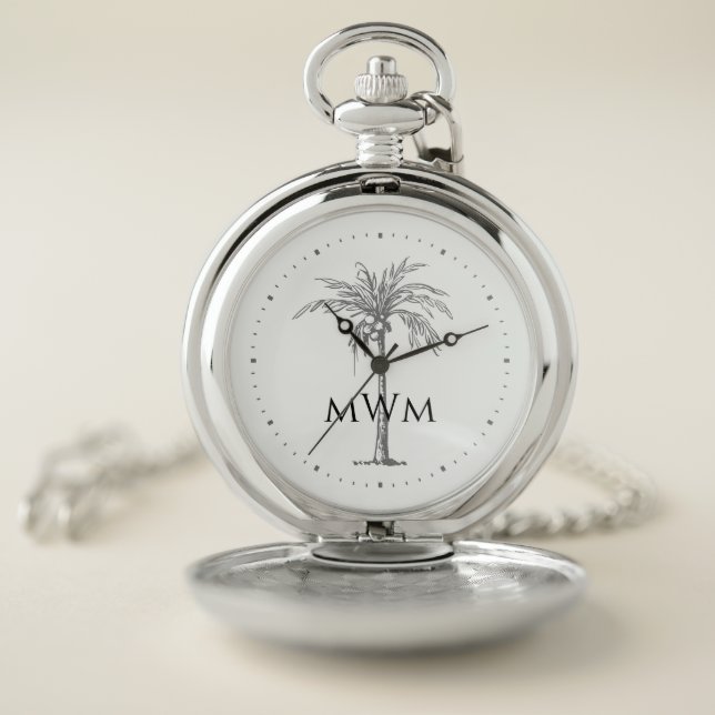 Modern Monogram Artistic Silver Palm Tree Tropical Pocket Watch (Inside)
