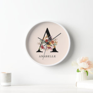 Modern Monogram Autumn  Fall Watercolor Florals  Clock