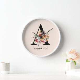 Modern Monogram Autumn  Fall Watercolor Florals  Clock