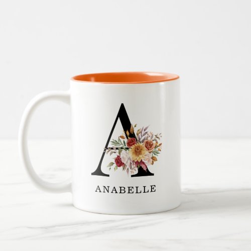 Modern Monogram Autumn  Fall Watercolor Florals  Two_Tone Coffee Mug