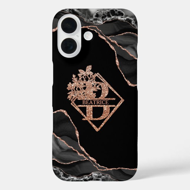 Modern Monogram B Black Agate Marble Rose Gold  Case-Mate iPhone Case (Back)