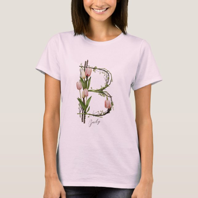 Modern Monogram B: Tulips, Bark & Vines T-Shirt (Front)