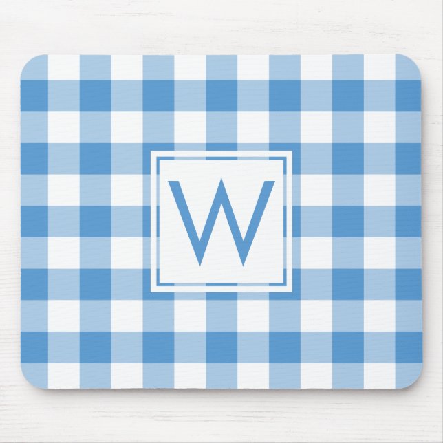 Modern Monogram Baby Blue & White Gingham Pattern Mouse Pad (Front)