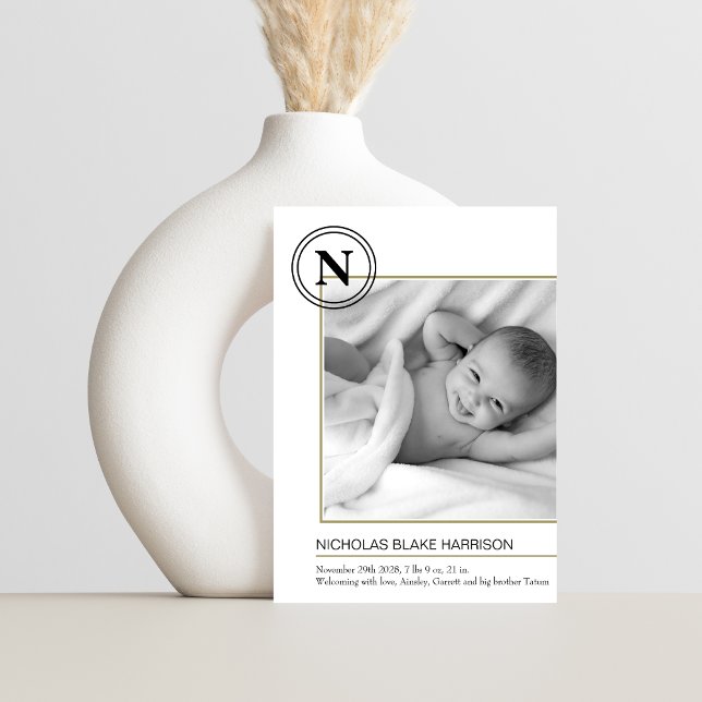 Modern Monogram Baby Boy Birth Announcement Card (Creator Uploaded)