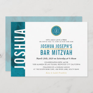MODERN MONOGRAM BAR MITZVAH side bar teal blue Invitation
