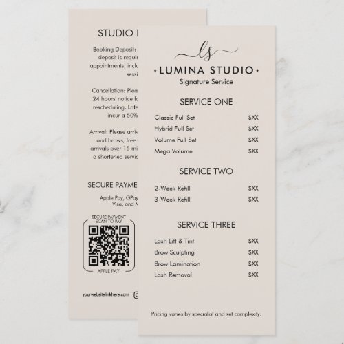 Modern Monogram Beauty Price List Sand Service Menu