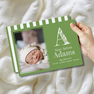 Modern Monogram Birth Stats Green Photo Announcement