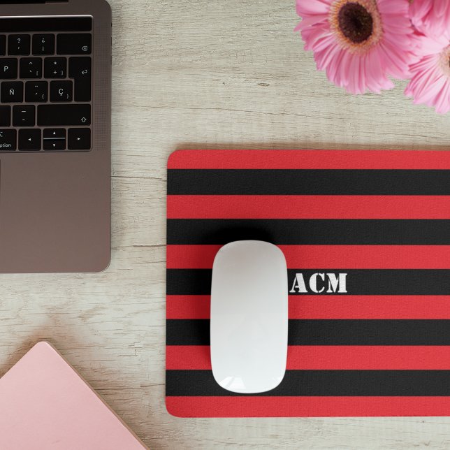 Modern Monogram Black and Red Stripes Mouse Pad (Creator Uploaded)