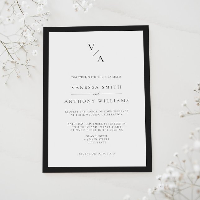 Modern Monogram Black and White Border Wedding Invitation (Creator Uploaded)