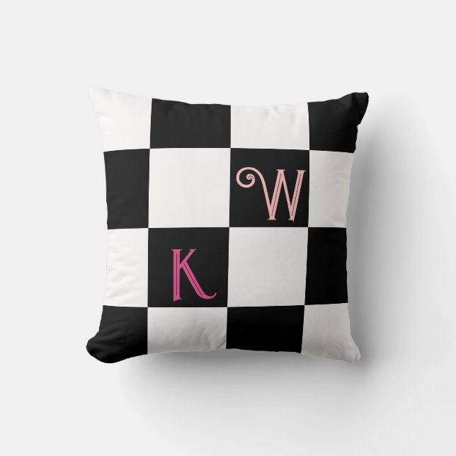 Modern Monogram Black and White Check Throw Pillow (Front)