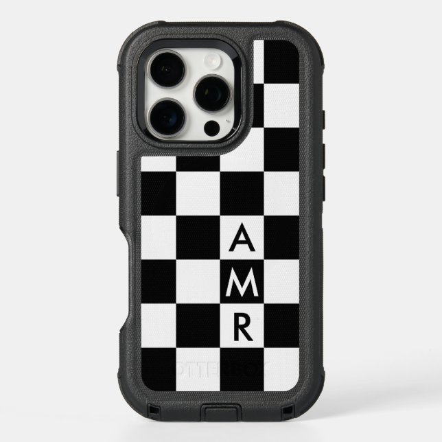 Modern Monogram Black and White Checkered Pattern Otterbox iPhone Case (Back)