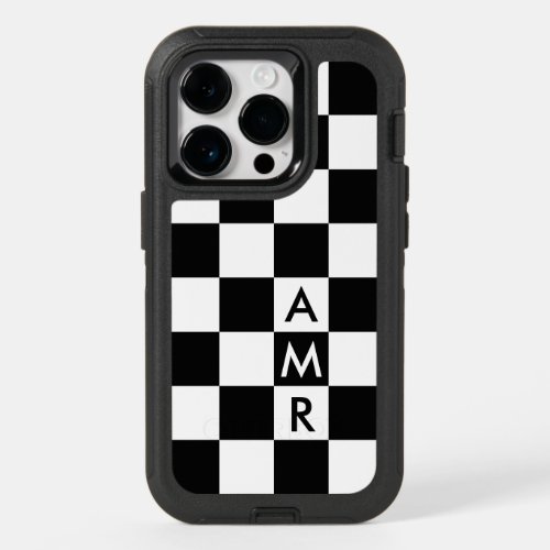 Modern Monogram Black and White Checkered Pattern OtterBox iPhone 14 Pro Case