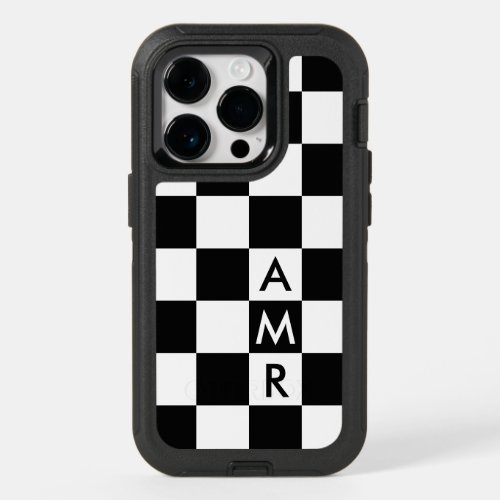 Modern Monogram Black and White Checkered Pattern OtterBox iPhone 14 Pro Case