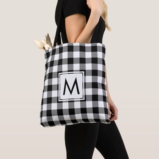 Modern Monogram Black and White Gingham Pattern Tote Bag (Close Up)