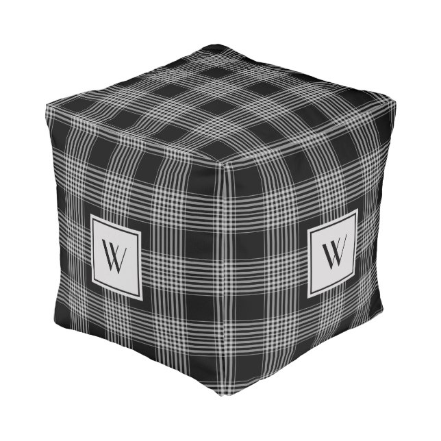 Modern Monogram Black And White Plaid Pattern Pouf (Angled Front)