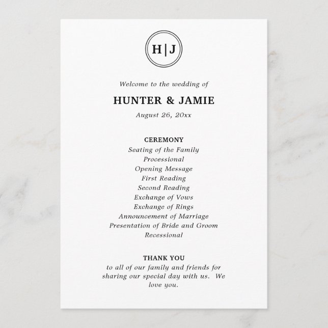 Modern Monogram Black and White Wedding Program (Front)