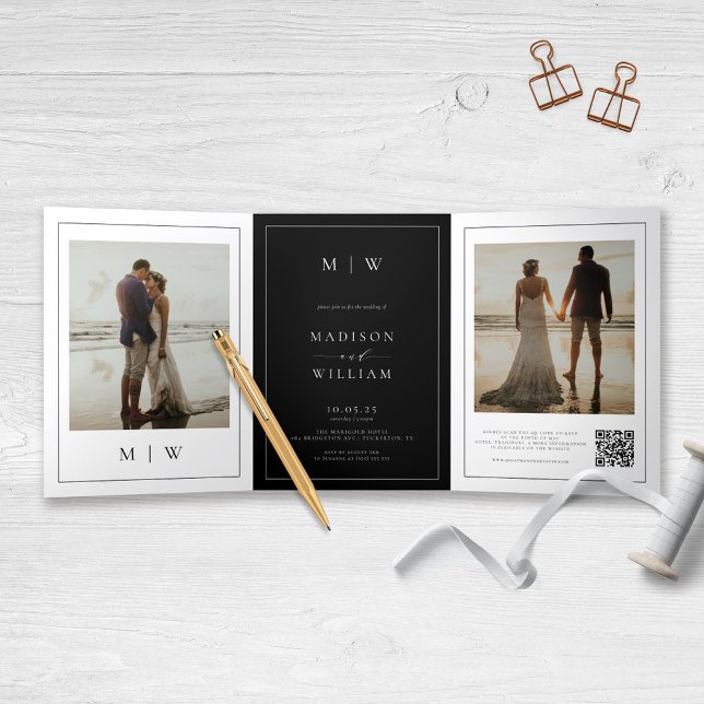 Modern Monogram Black and White Wedding Tri-Fold Program (Creator Uploaded)