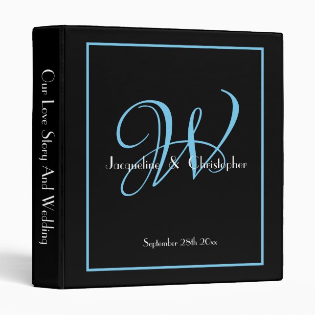 Modern Monogram Black & Aqua Blue Chic Wedding  3 Ring Binder (Front/Spine)