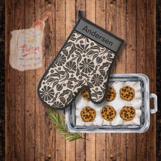 Modern Monogram Black Beige Flower Pattern Kitchen Oven Mitt (Creator Uploaded)
