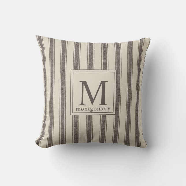 Modern Monogram Black Beige l Farmhouse Ticking  Throw Pillow (Front)
