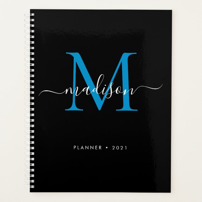 Modern Monogram Black Blue Girly Script Name 2021 Planner (Front)