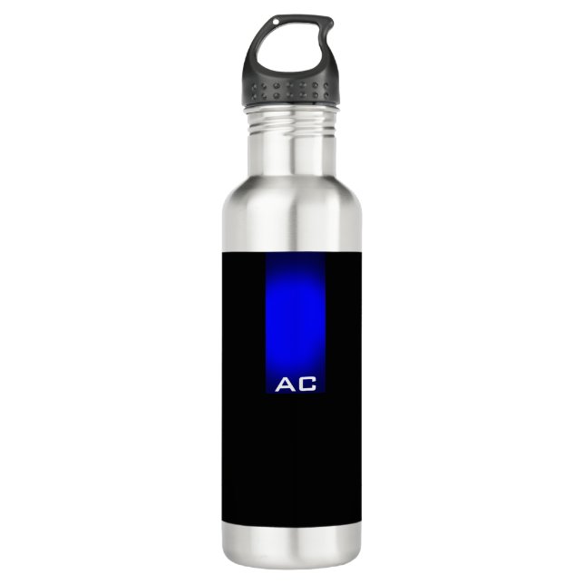 Modern Monogram Black Blue Plain Stainless Steel Water Bottle (Front)