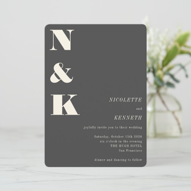 Modern Monogram Black Bold Elegant Wedding Invitation (Standing Front)
